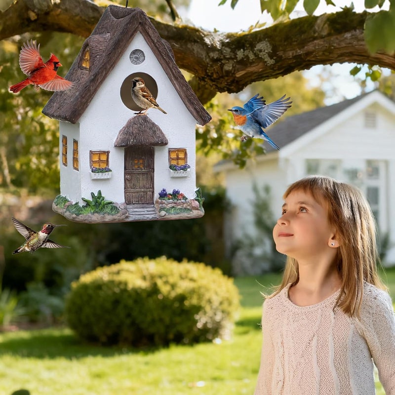 MINWOLF Bird Houses for Outside Rustic Cottage Birdhouse with Thatch Roof – Hand-Painted Resin Birdhouses for Outdoors for Bluebird Finches Cardinals Bird Nesting Garden, Patio, Yard - Image 5